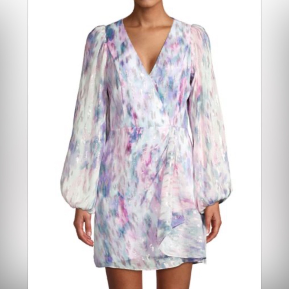 Parker Black NEW roslyn watercolor haze dress chiffon fit and flare metallic